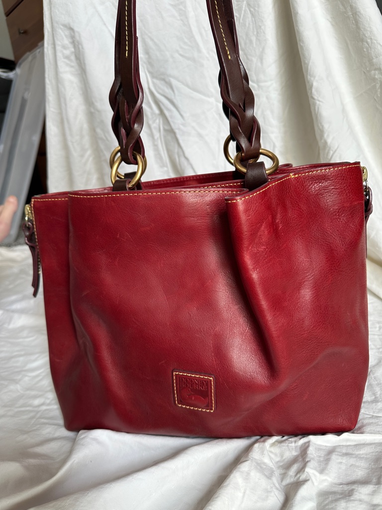 Dooney & Bourke Red Leather Shoulder Bag With Braided Dark Brown Handles